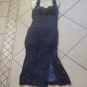 Vintage Navy Polka Dot V-neck Back Cut Out Strap Front Split Dress SZ 7/8